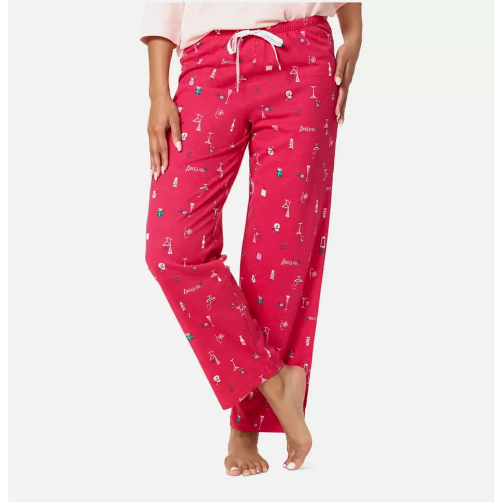 HUE Womens Medium Holiday Pajama Lounge Set Christmas Cocktails Snowmen NEW!